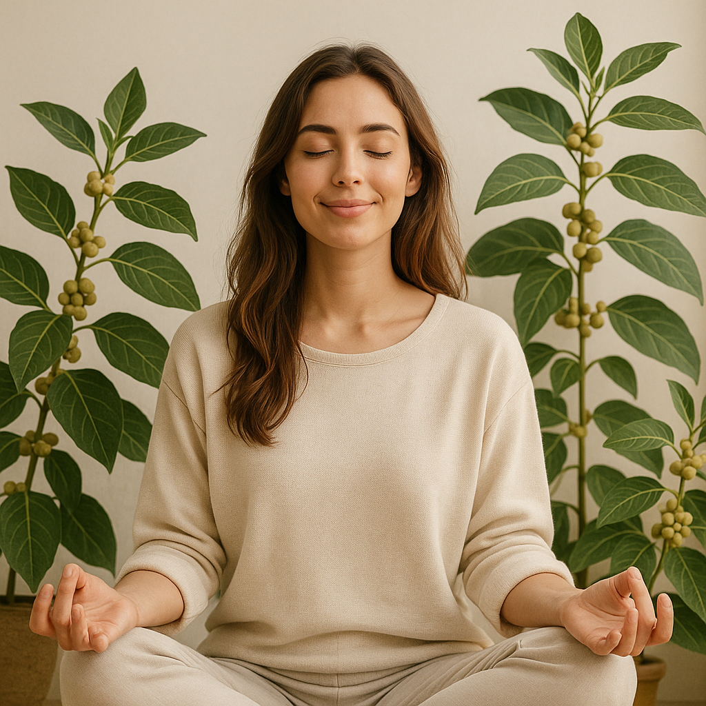 Eine entspannte Frau in einem hellen Raum mit Pflanzen